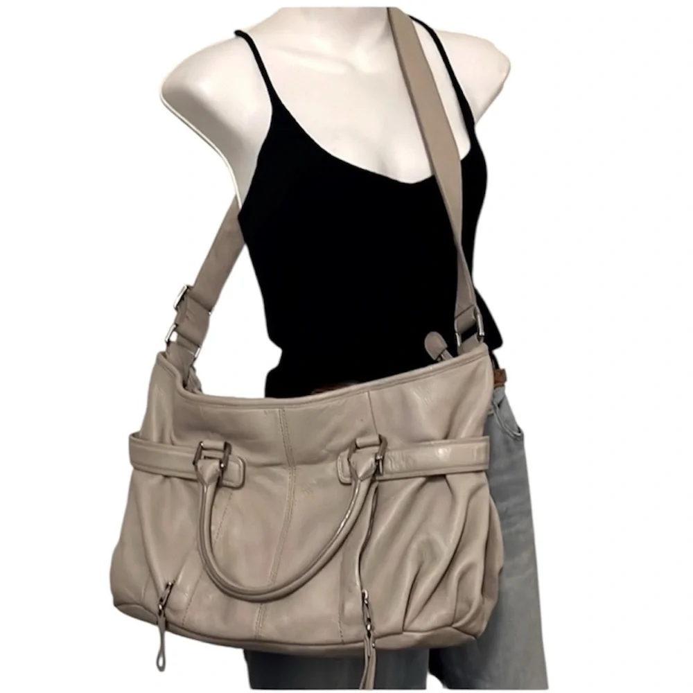 Banana Republic Beige Stone Pebbled Leather Slouchy Crossbody Shoulder Bag Purse